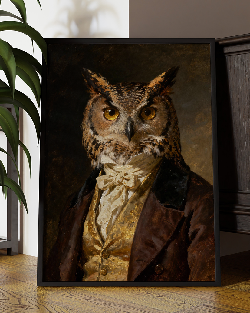 Regal Owl Portrait Print - Victorian Animal Art in Vintage Style
