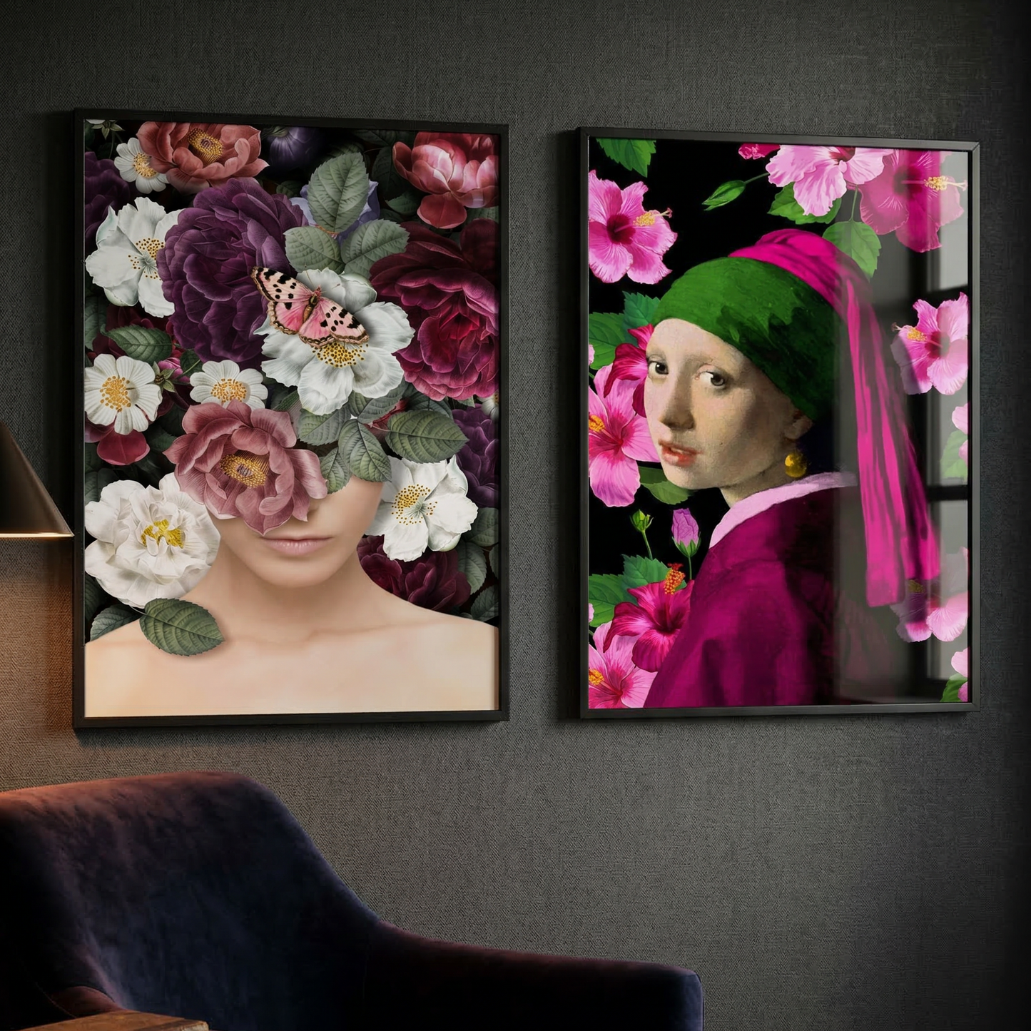 Maximalist Floral Wall Art Set of 2 | Botanical Portrait Prints, Pink Flower Decor & Statement Wall Art