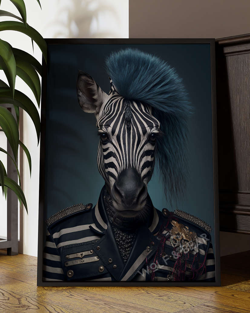 Punk Zebra Portrait – Anthropomorphic Animal Wall Art with Blue Mohawk