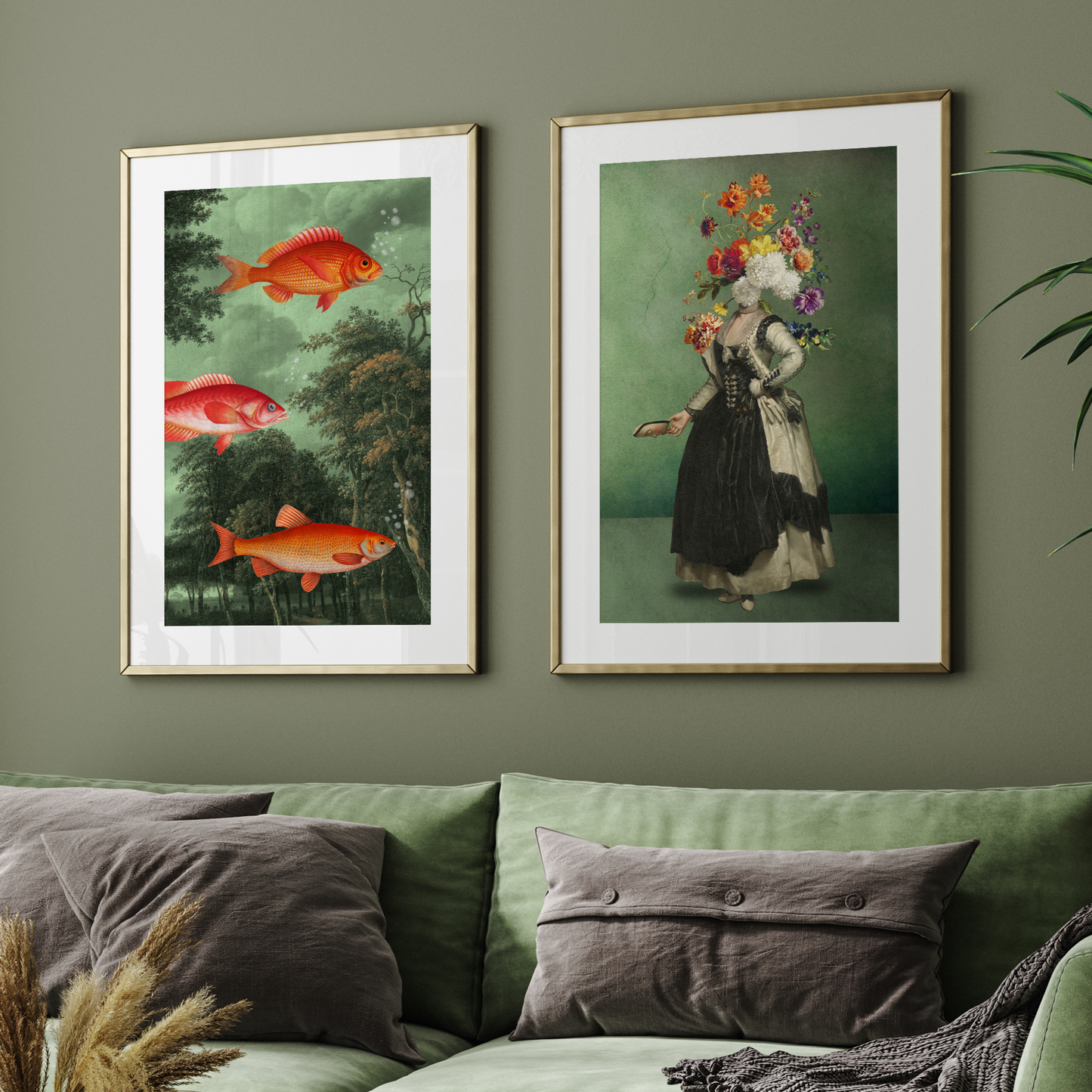 Botanical & Surreal Wall Art Set – Vibrant Fish & Vintage Floral Portrait Gallery Set | Set of 2