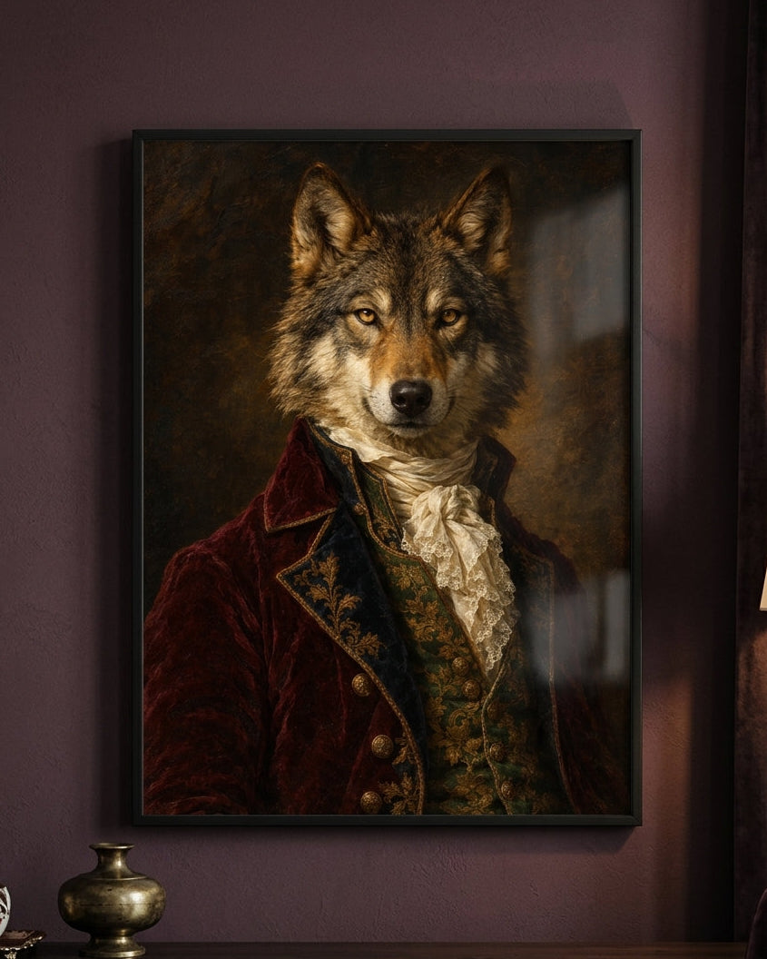 A framed vertical portrait print of a wolf dressed in historical clothing, hanging on a dark purple wall above a wooden console table with decorative objects.