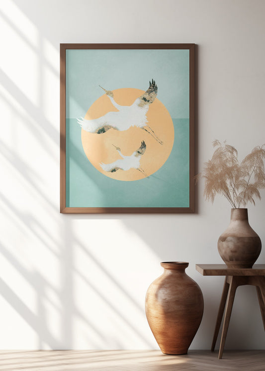 Mint Green Sun & Cranes