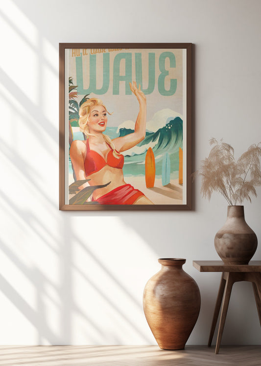 Surfing Pinup Girl On Beach In Bikini
