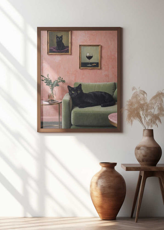 Black Cat On Green Sofa