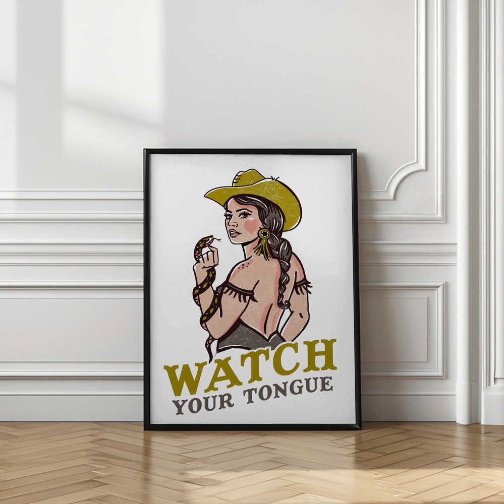 Watch Your Tongue Badass Pin-Up Cowgirl & Rattlesnake