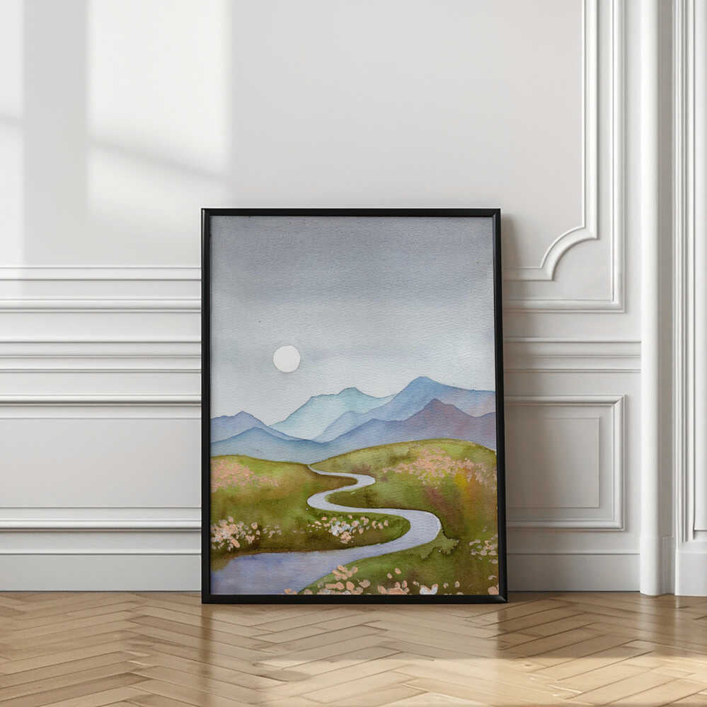 Blue Gray Hills Mountain Landscape With River and Moon