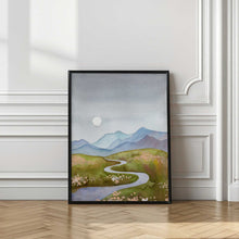 Load image into Gallery viewer, Blue Gray Hills Mountain Landscape With River and Moon