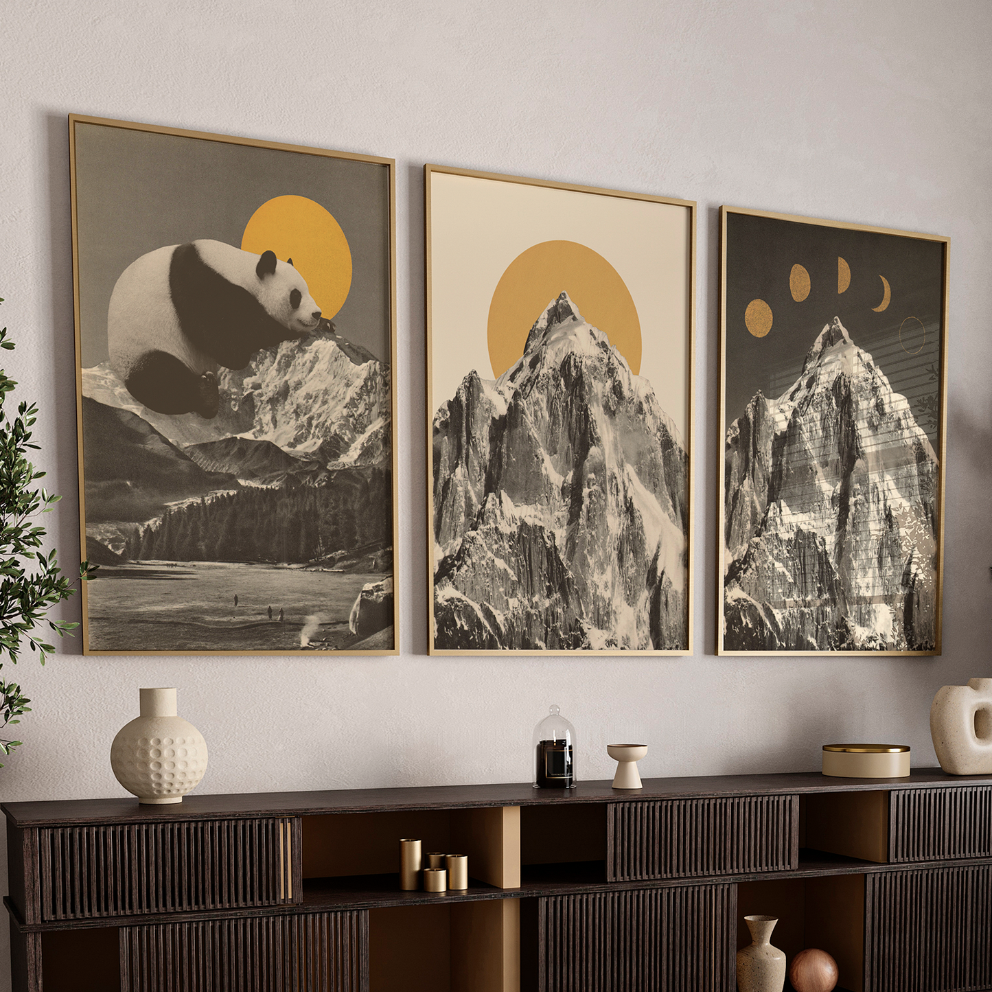 Golden Sun Panda & Mountain Trilogy Wall Art Set Gallery Set 3