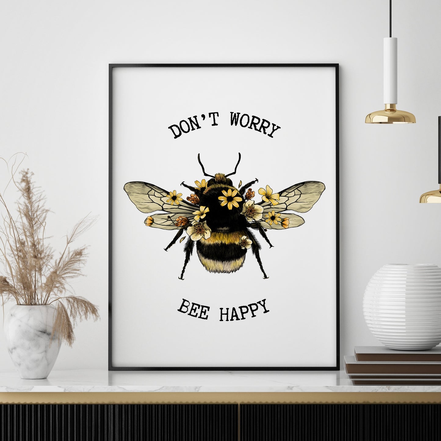 Don’t Worry Bee Happy Quote Print | Floral Bumble Bee Print