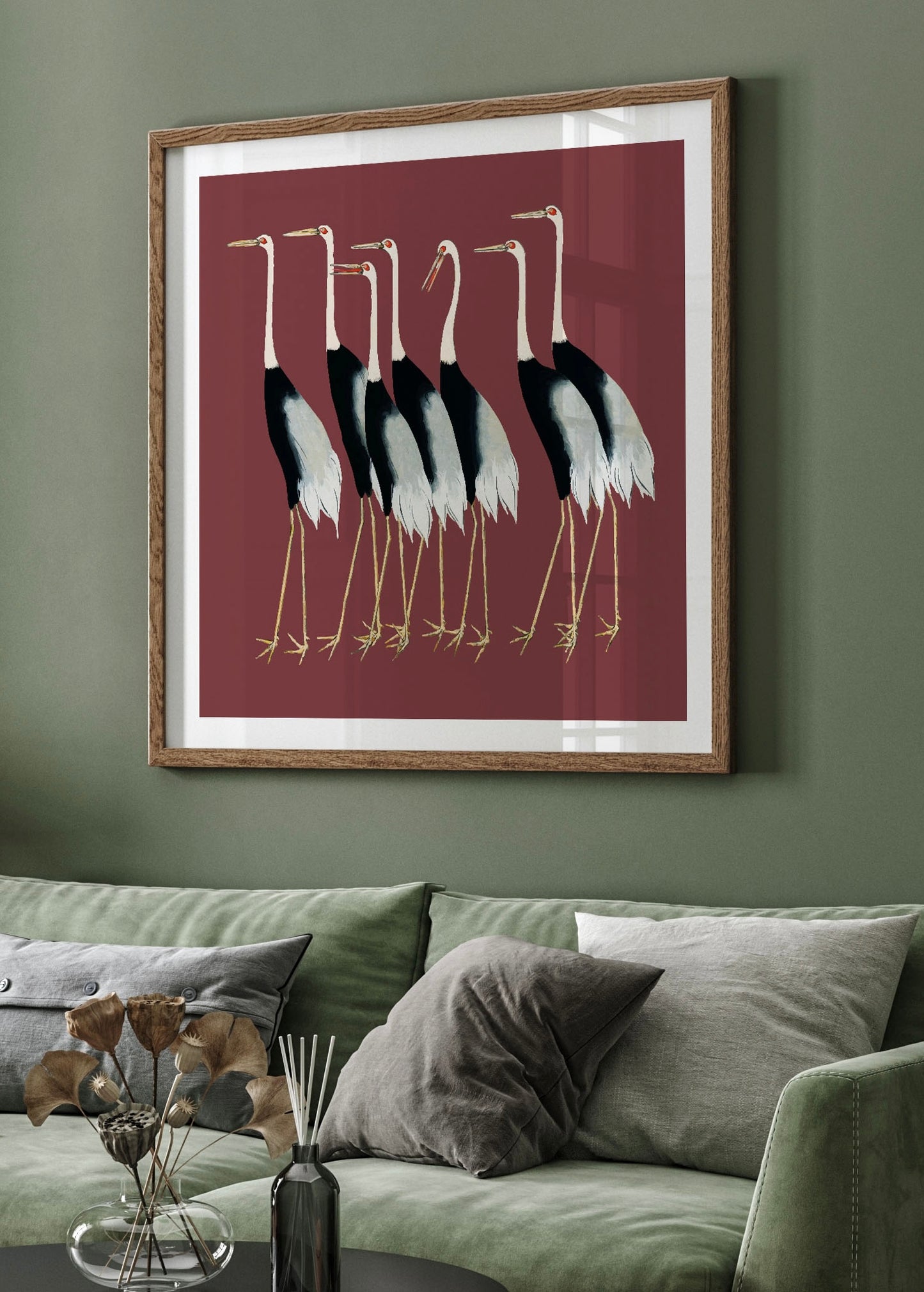 A traditional portrait of a flock of beautiful Japanese red crown crane by Ogata Korin | Vintage Wall Art