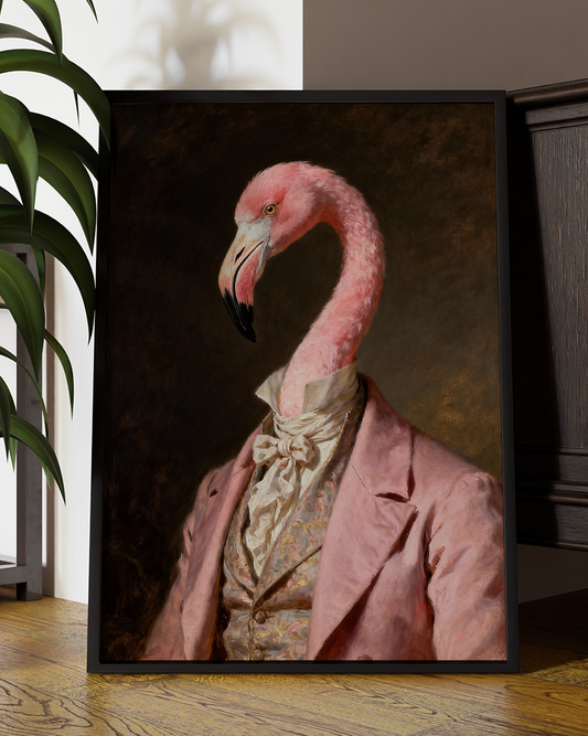 Regal Flamingo Portrait Print - Victorian Animal Art in Vintage Style