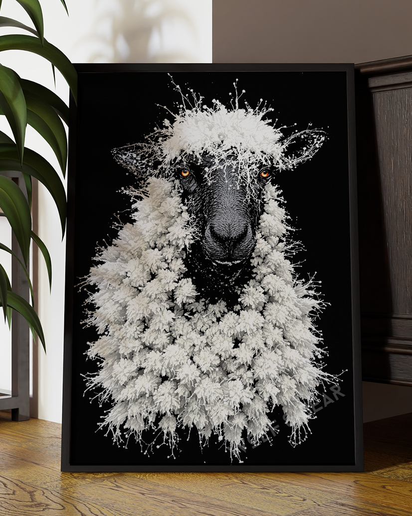 Black Sheep Wall Art – Modern Animal Portrait with White Botanical Wool