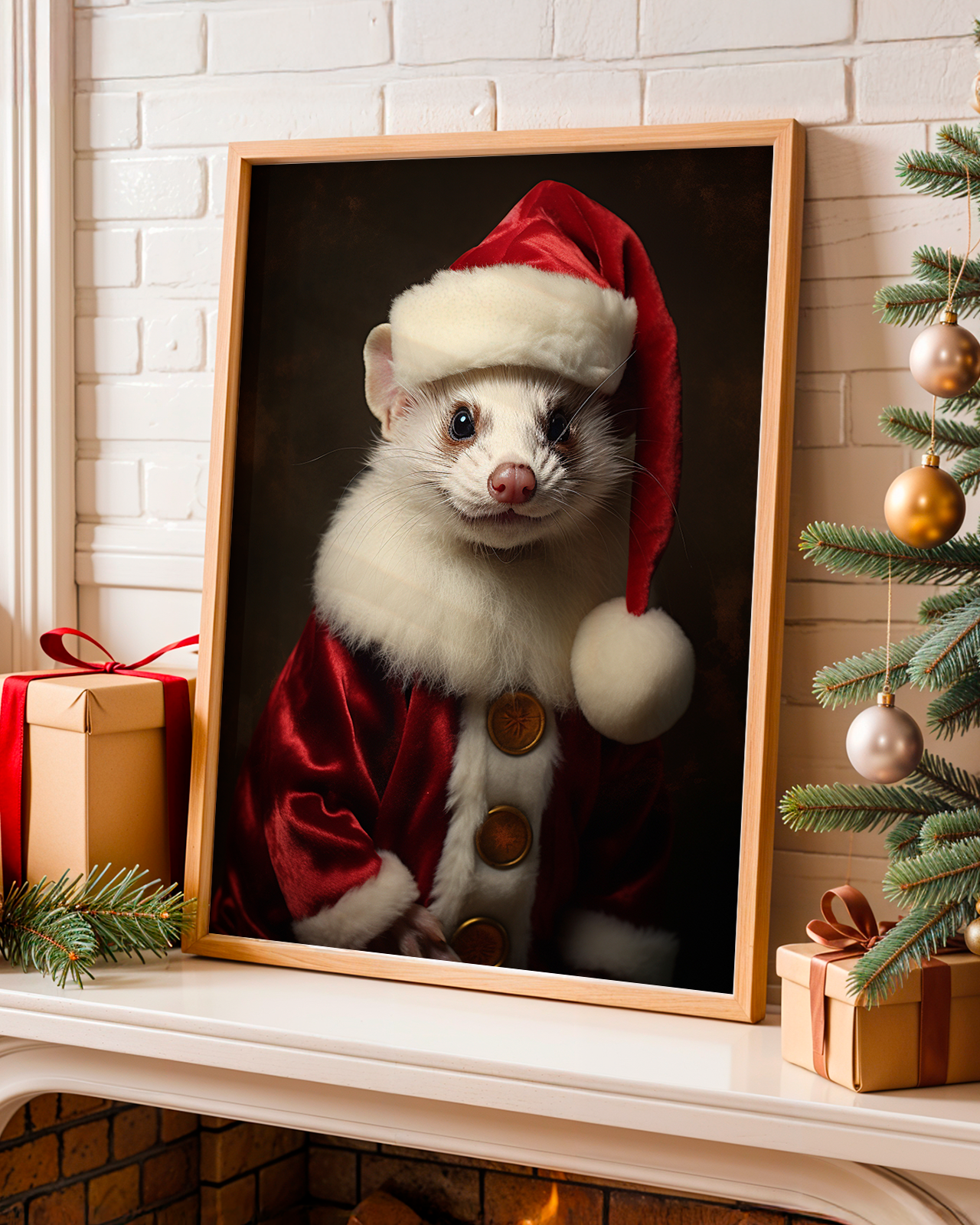 Festive Christmas Ferret  Portrait | Altered Ferret Wall Art