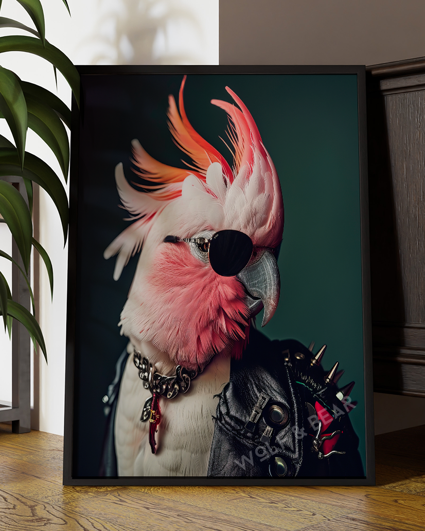 Punk Cockatoo Portrait – Anthropomorphic Bird Wall Art in Rocker Style