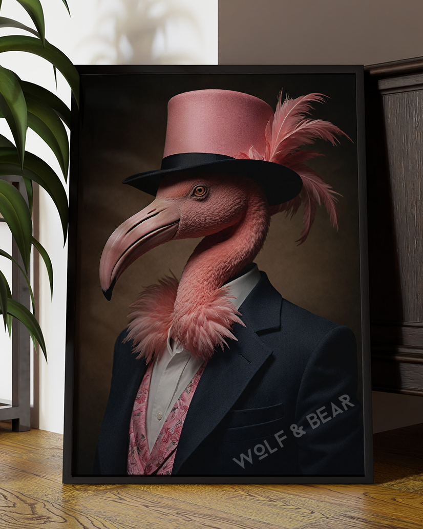 Flamingo with Top Hat Portrait | Altered Flamingo Portrait Wall Art