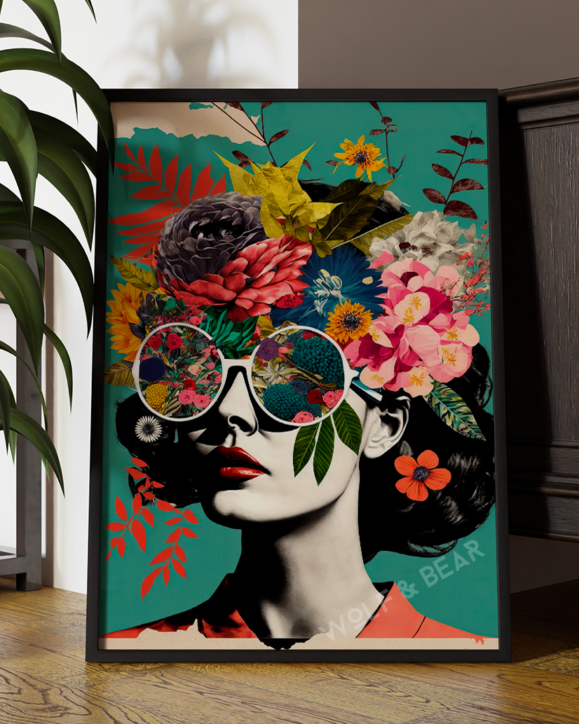 Floral Woman Portrait Wall Art – Modern Pop Art Print with Flowers and Sunglasses