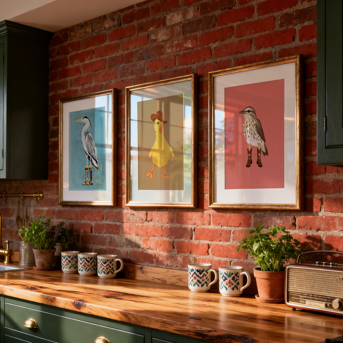Kitchen with wooden countertop, green cabinets, and framed animal prints on a brick wall.