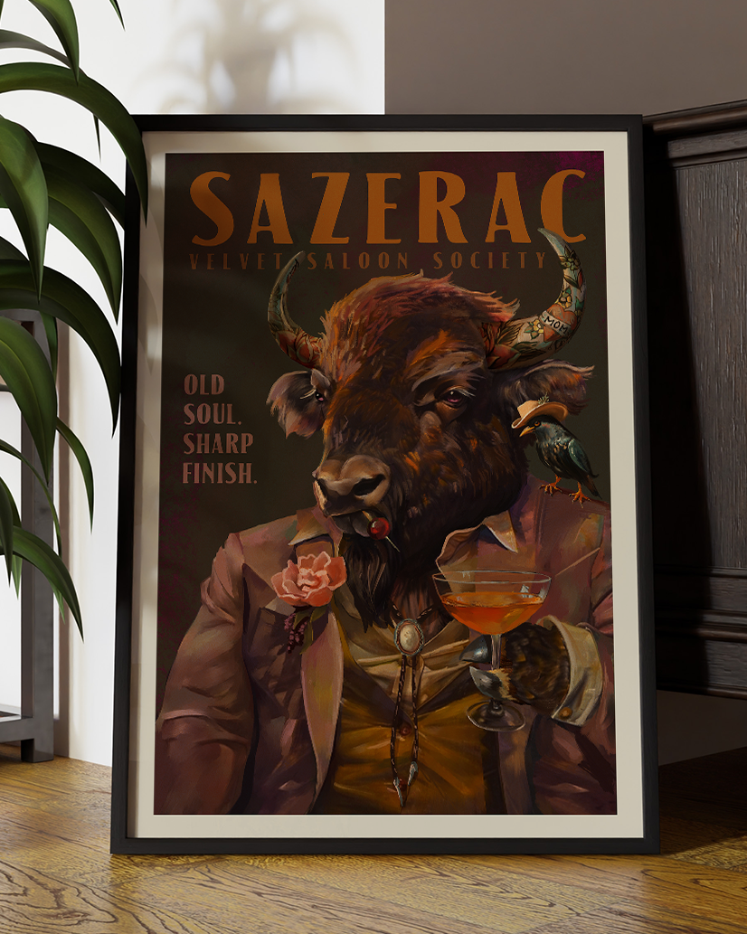 Buffalo Drinking Sazerac Cocktail. Alcohol  & Liquor Bar Art
