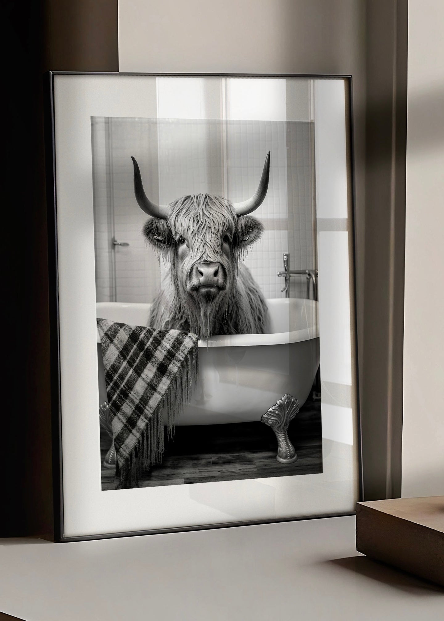 Highland Cow In The Tub | Bathroom Animal Print | Black and White Photographic Wall Art