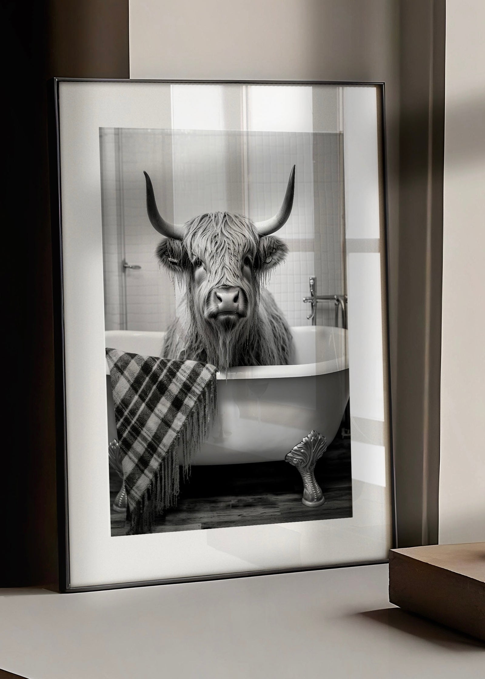 Highland Cow In The Tub | Bathroom Animal Print | Black and White Photographic Wall Art