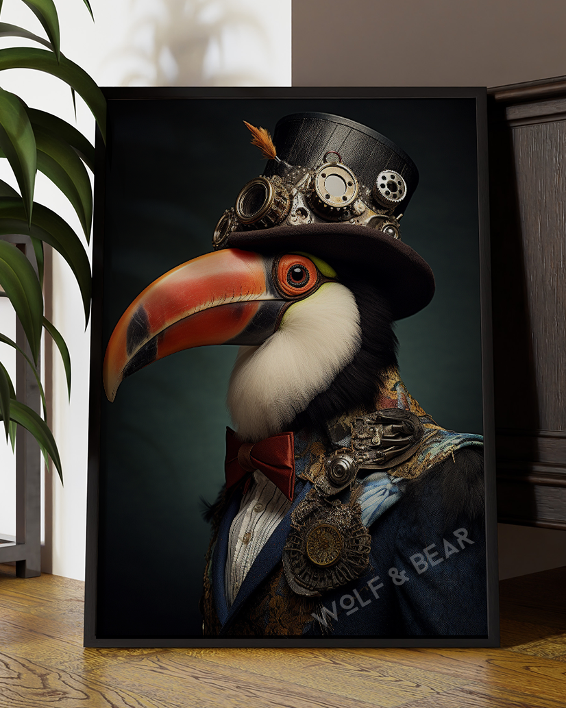 Steampunk Toucan Portrait – Anthropomorphic Bird Wall Art in Victorian Costume