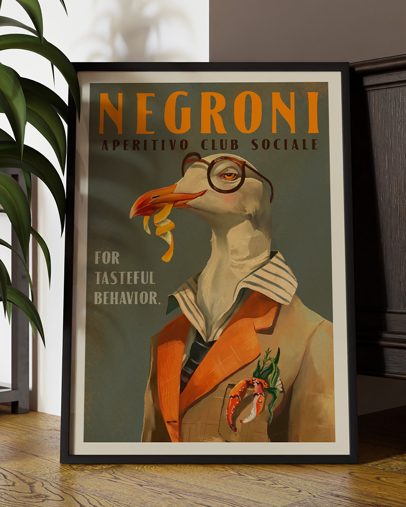 Vintage Art Deco Negroni Poster Of A Fancy Seagull