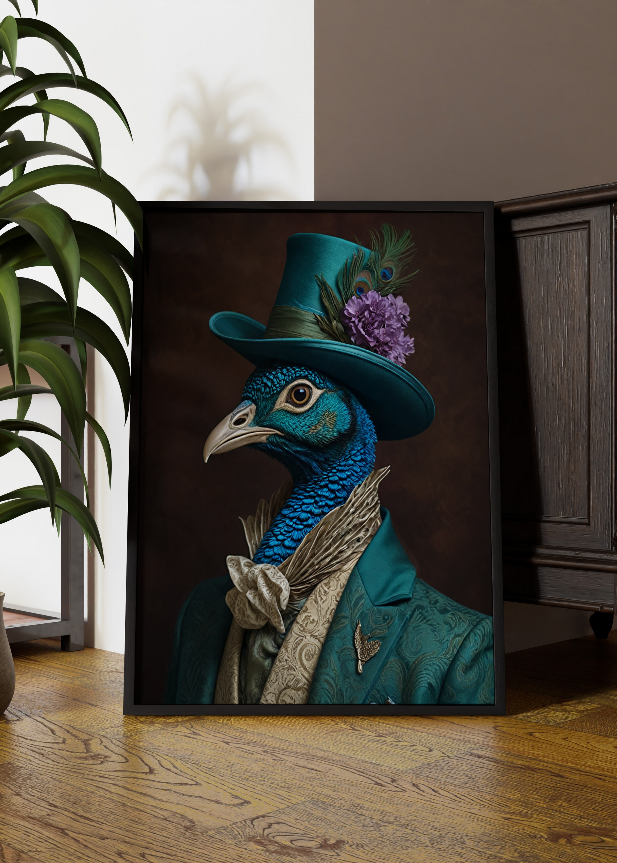 Dapper Peacock Portrait | Altered Vintage Peacock with Top Hat Portrait Wall Art