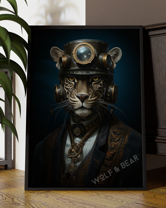 Steampunk Leopard Portrait – Anthropomorphic Big Cat Wall Art in Victorian Style