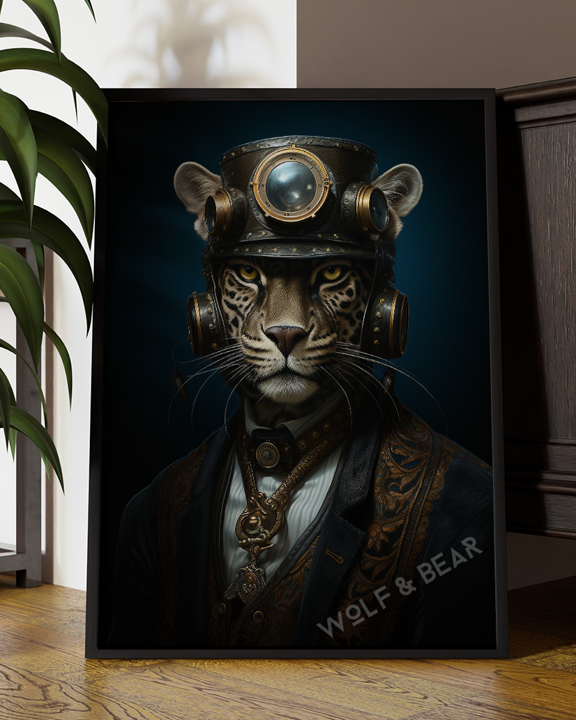 Steampunk Leopard Portrait – Anthropomorphic Big Cat Wall Art in Victorian Style