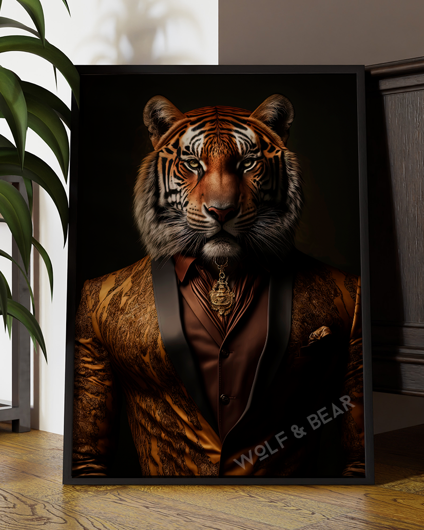 Regal Tiger Portrait – Anthropomorphic Big Cat Wall Art in Elegant Suit