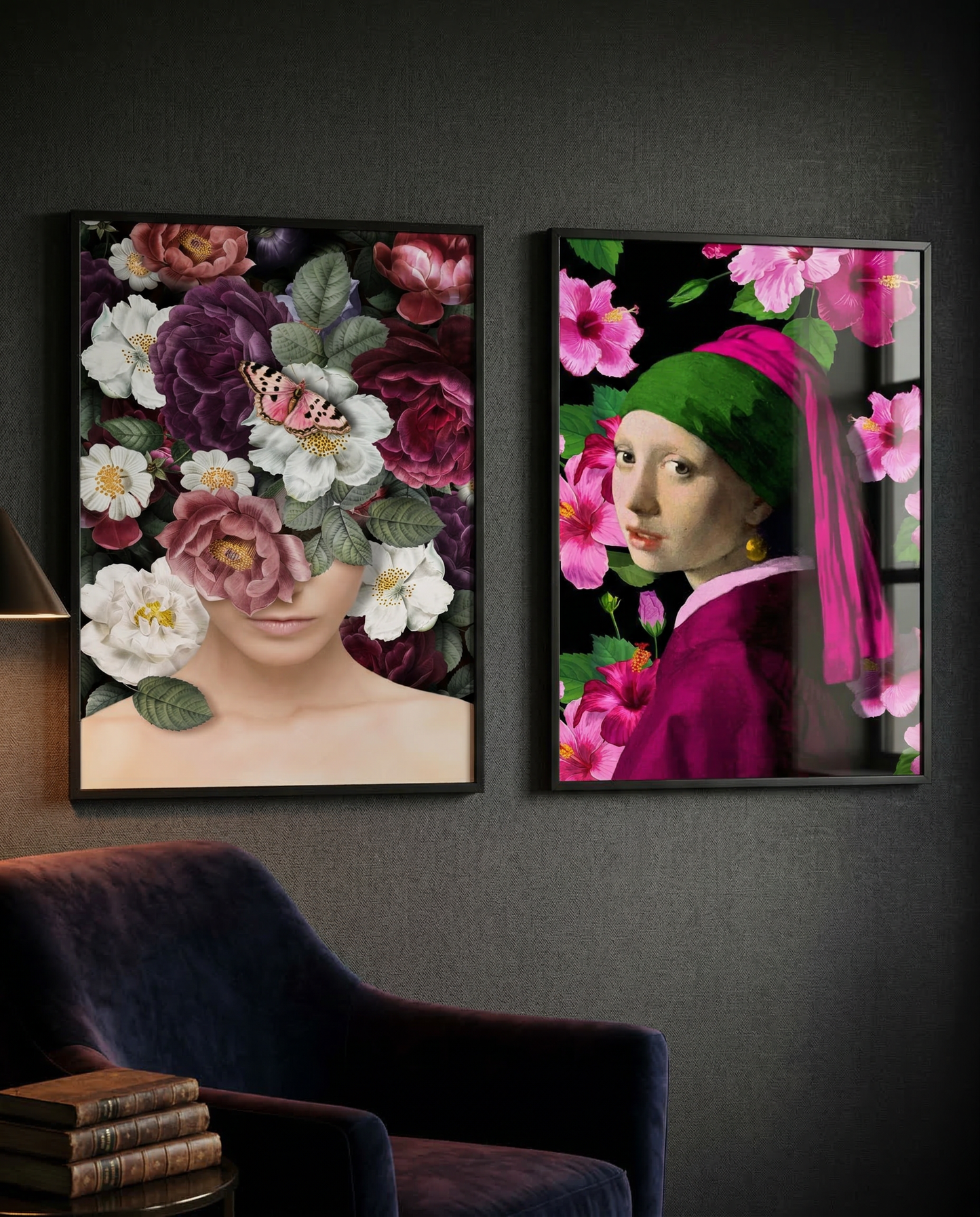 Maximalist Floral Wall Art Set of 2 | Botanical Portrait Prints, Pink Flower Decor & Statement Wall Art