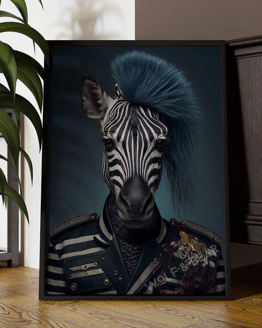 Punk Zebra Portrait – Anthropomorphic Animal Wall Art with Blue Mohawk