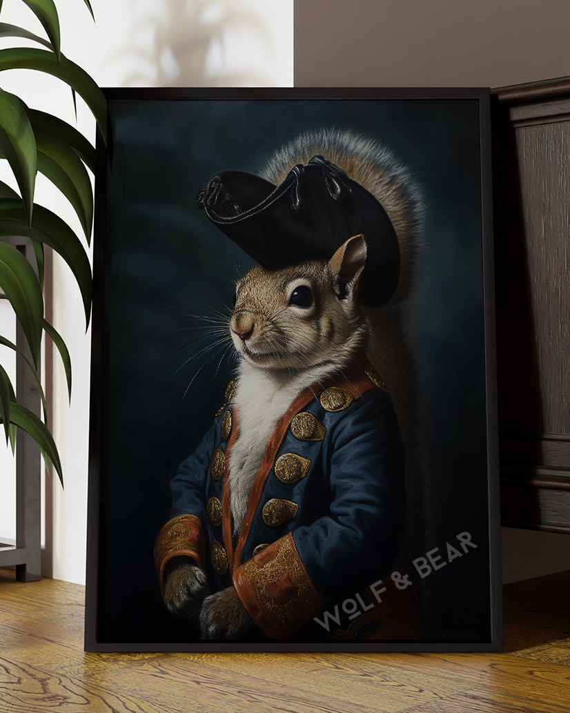"Regal Squirrel Portrait – Anthropomorphic Animal Wall Art in A Pirate Costume