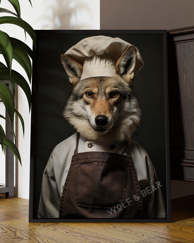 Chef Wolf Portrait – Anthropomorphic Animal Wall Art for Kitchen Décor