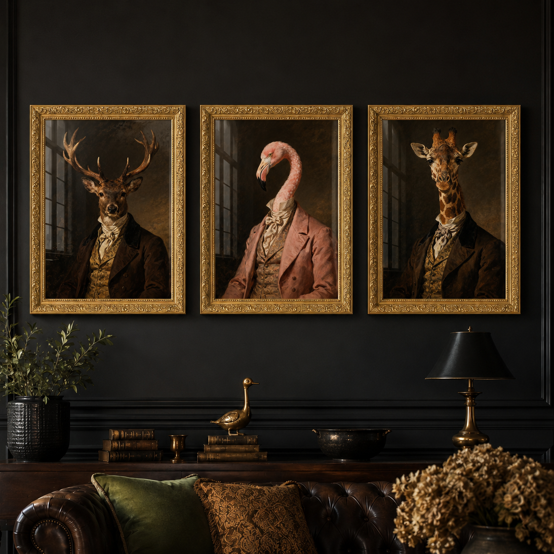 Animal Portrait Wall Art Set of 3 |   Stag, Flamingo & Giraffe Prints for Luxury Interiors