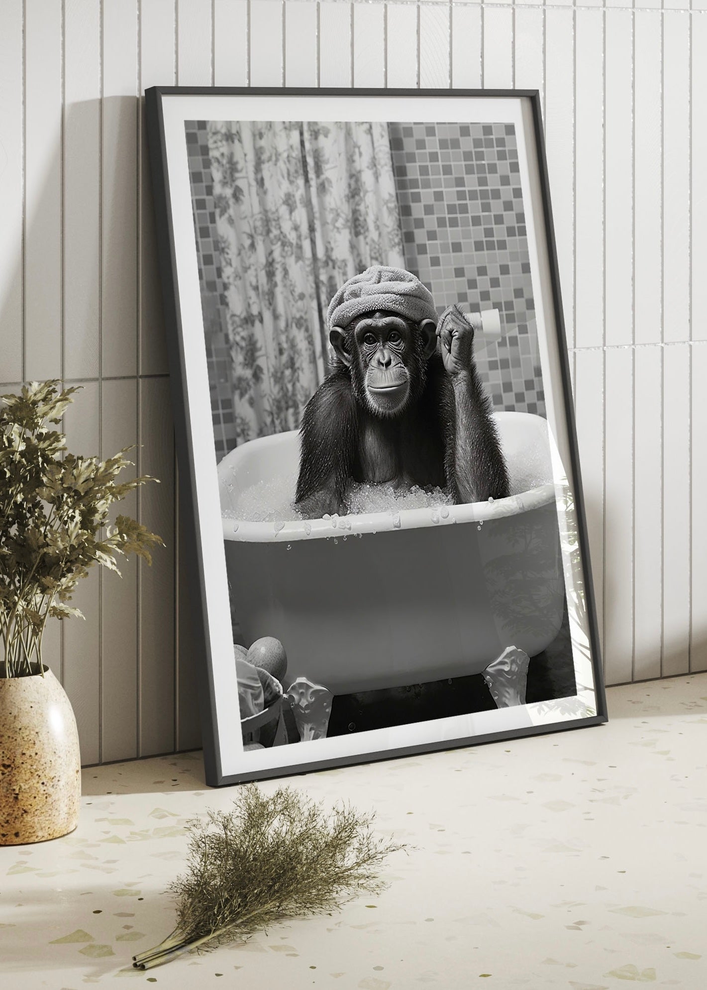 Monkey In The Tub | Bathroom Animal Print | Black and White Photographic Wall Art