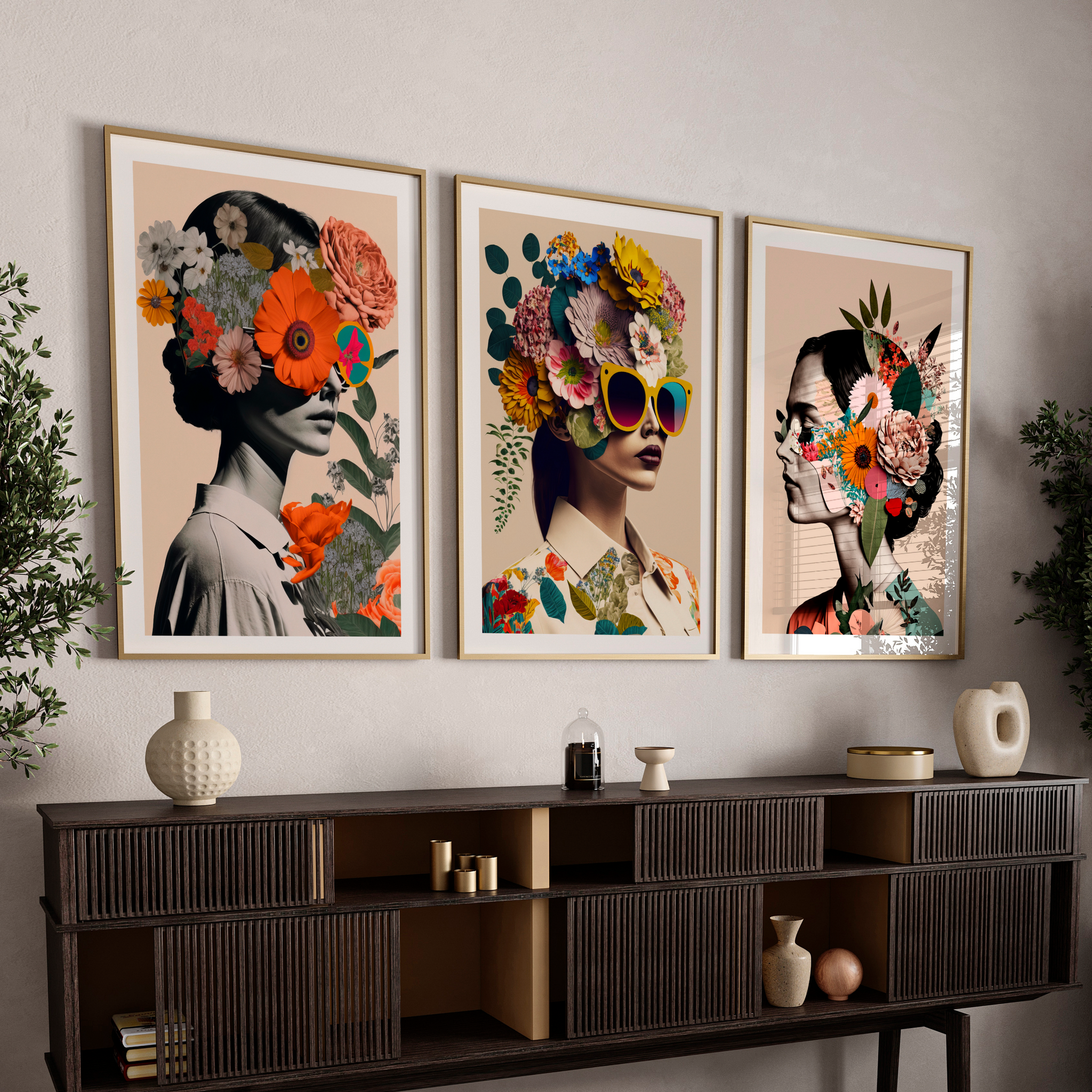 Floral Fashion Gallery Wall Set – Colorful Botanical Portrait Art Trio  | Unique Gallery Wall Set