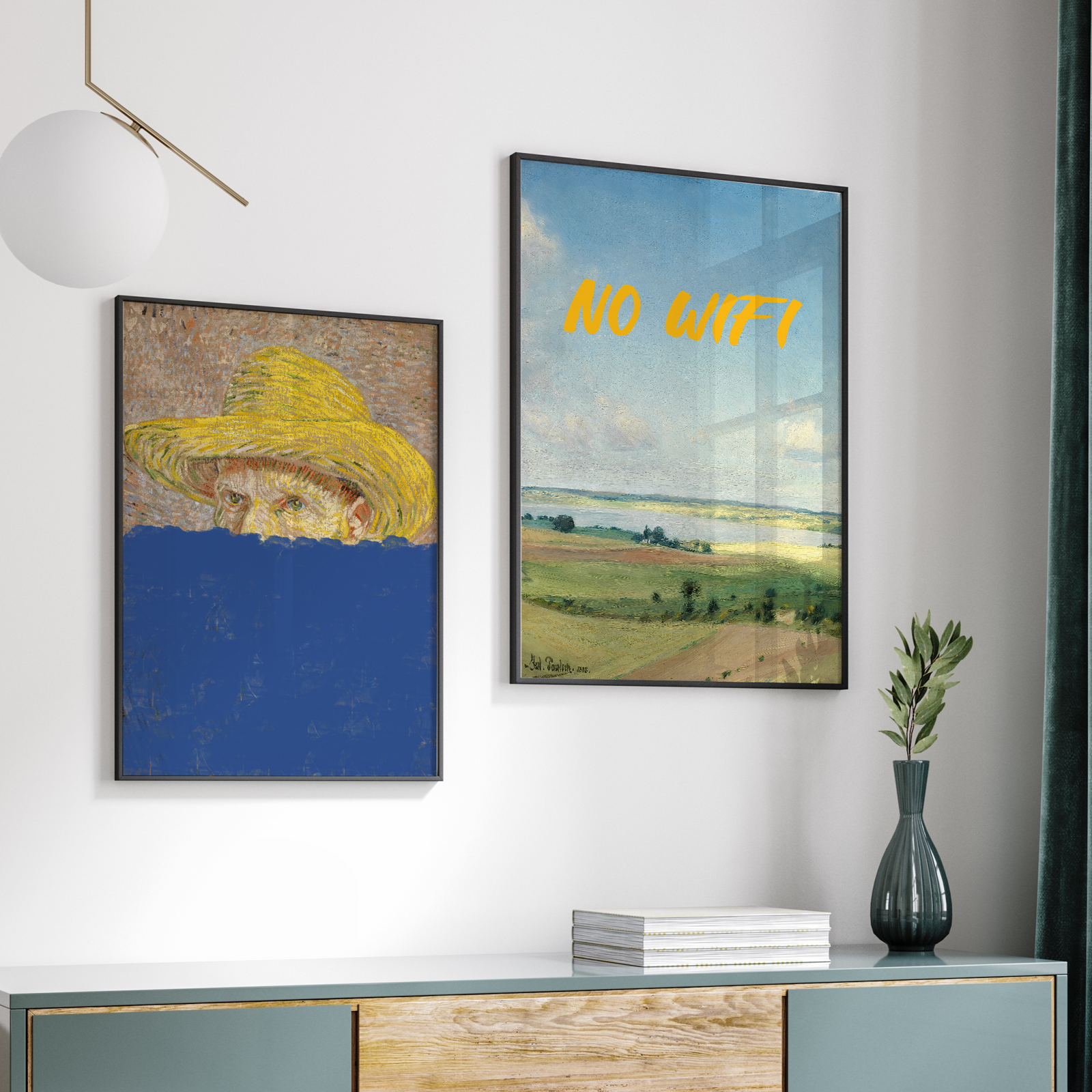 Playful Modern Wall Art Prints – Abstract Van Gogh Remix & No WiFi Landscape Poster Gallery Set | Set of 2