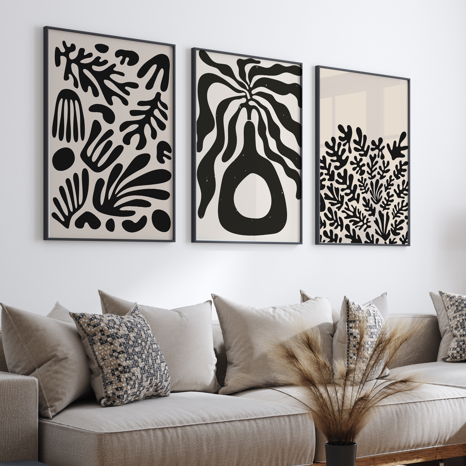 Modern Botanical Abstract Wall Art Prints – Black and White Minimalist Nature Gallery Set of 3
