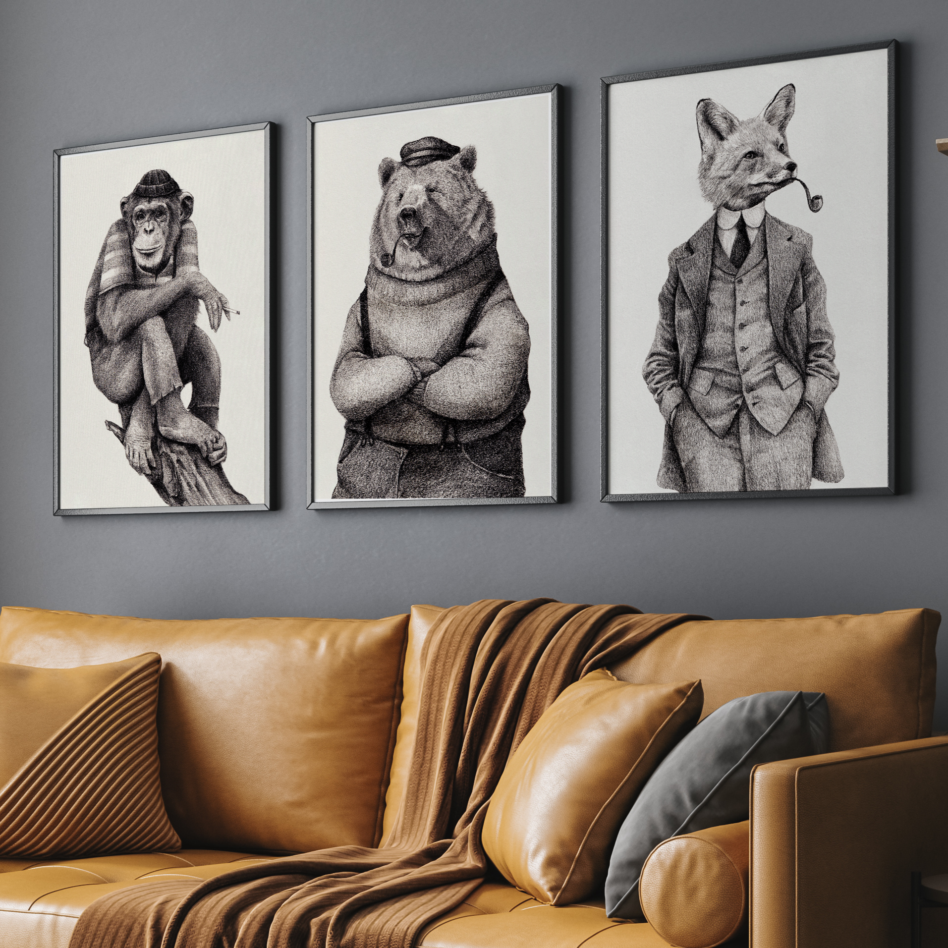 Vintage Animal Portrait Wall Art Prints – Anthropomorphic Monkey Bear Fox in Suits Gallery Set 3