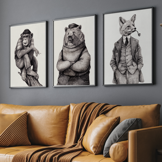 Vintage Animal Portrait Wall Art Prints – Anthropomorphic Monkey Bear Fox in Suits Gallery Set 3