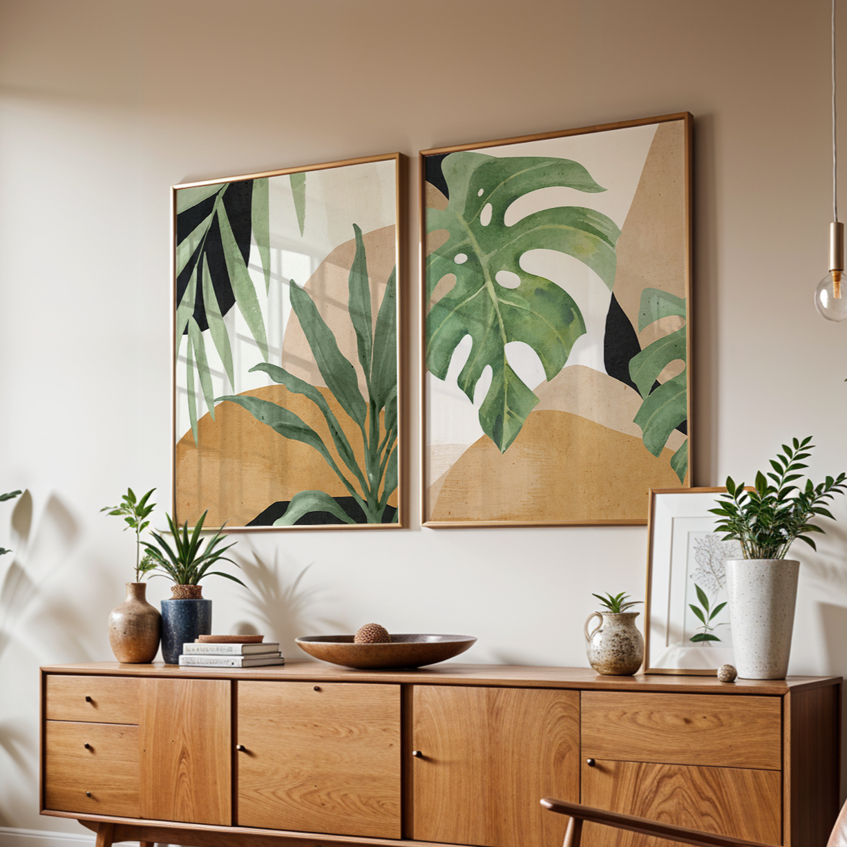 Tropical Botanical Wall Art Prints – Modern Green Monstera Plant Gallery Set | Set of 2