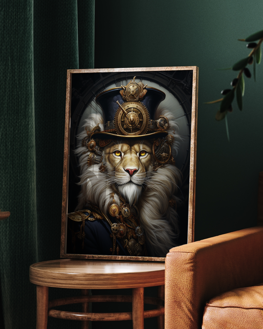Steampunk Lion Portrait  | Altered Vintage Animal Portrait Wall Art