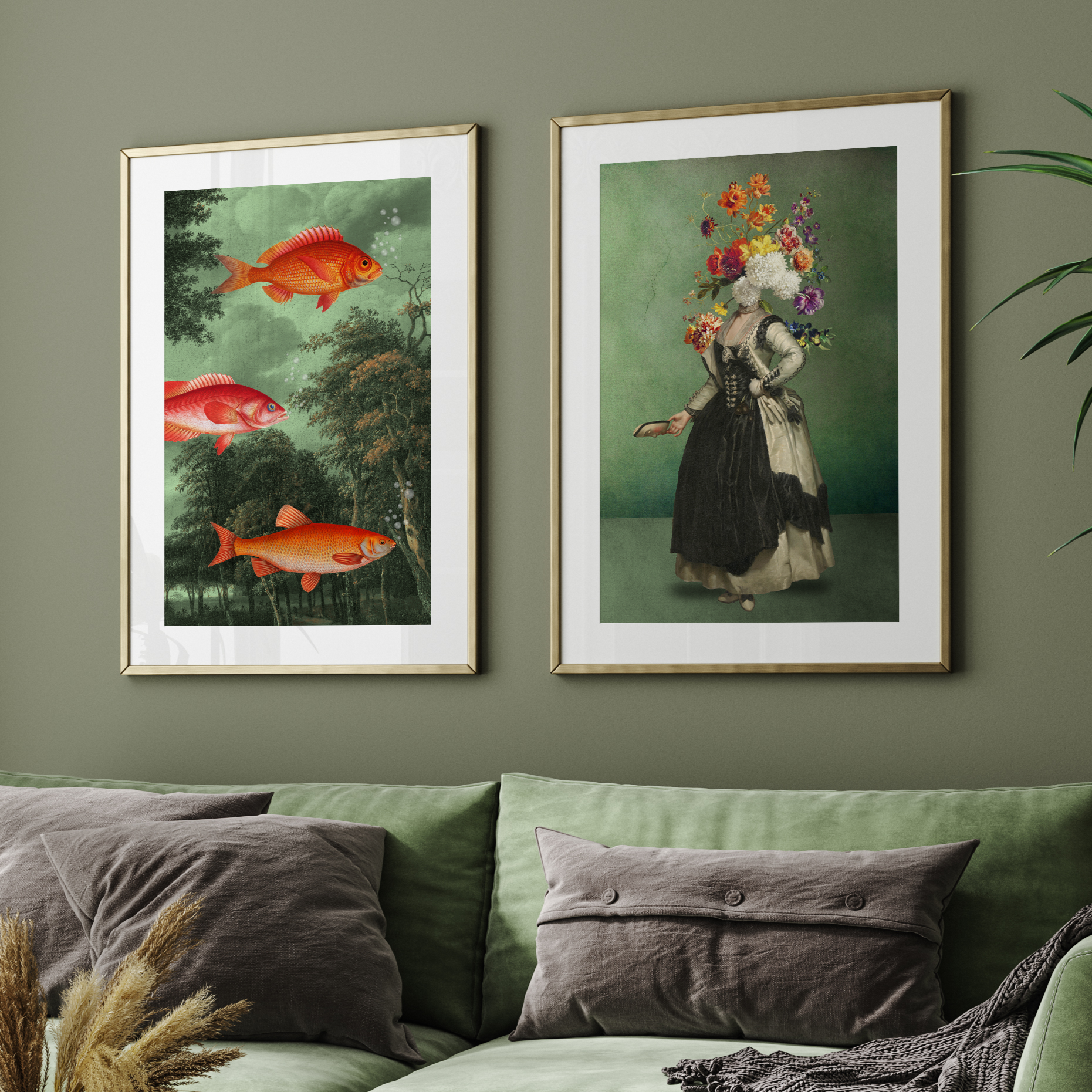 Botanical & Surreal Wall Art Set – Vibrant Fish & Vintage Floral Portrait Gallery Set | Set of 2