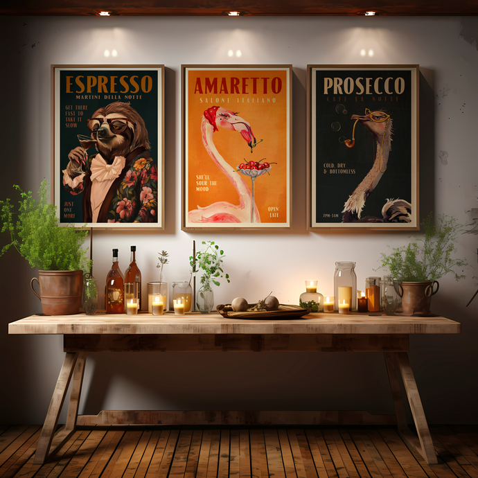 Three framed posters on a wall above a wooden table with candles and plants.