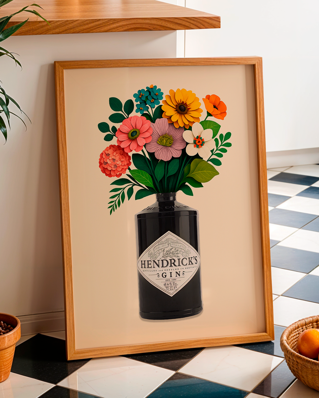 Floral 3D Hendricks Bottle Print | Kitchen Gin Bottle Wall Art