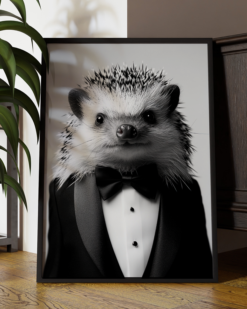 Elegant Hedgehog Portrait | Altered Animal Portrait Wall Art Black & White