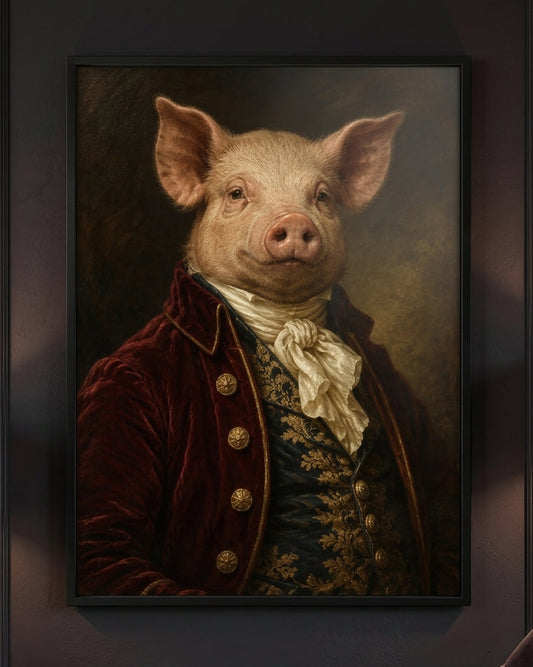 A framed vertical portrait painting of a pig dressed in an ornate historical coat with gold embroidery and a white cravat, displayed on a dark wall above a console table in a dimly lit room.