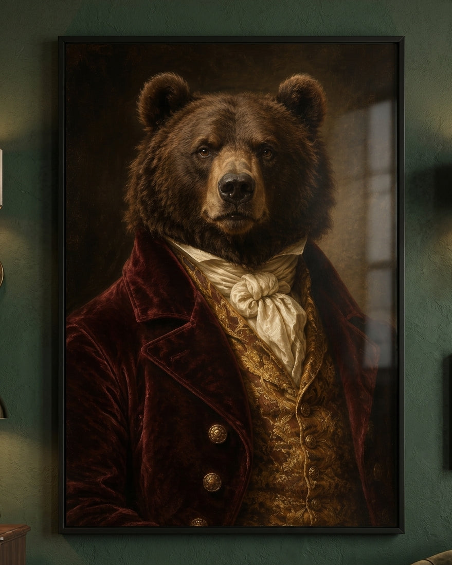 A framed vertical portrait print of a bear dressed in an ornate historical outfit, hanging on a dark green wall in an interior setting.