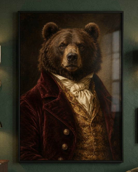 A framed vertical portrait print of a bear dressed in an ornate historical outfit, hanging on a dark green wall in an interior setting.